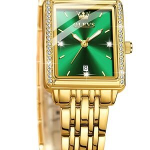 OLEVS Gold Watches for Women Original Luxury Small Square Diamond Wrist Watch Analog Quartz Stainless Steel Waterproof Stylish Ladies Watch Date